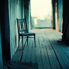 Empty wooden chair positioned in an abandoned corridor with aged wooden flooring and dim lighting at dusk
