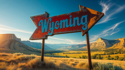 Sign with the inscription Welcome to  Wyoming against the background of a summer landscape