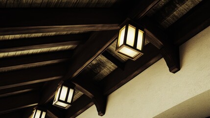 Obraz premium Illuminated lights adorn a wooden ceiling structure in a dimly lit space
