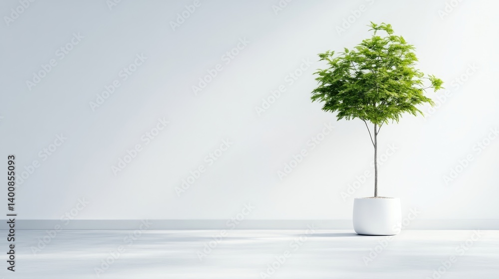Poster small indoor tree in white pot minimalist style high-resolution soft lighting vertical view simple d