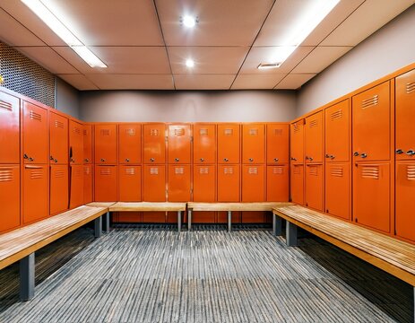 modern locker room interior with orange accent wall and benches