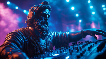 god statue djing in neon lights, perfect for modern club posters, music festival flyers, or creative projects mixing classical art with nightlife aesthetics