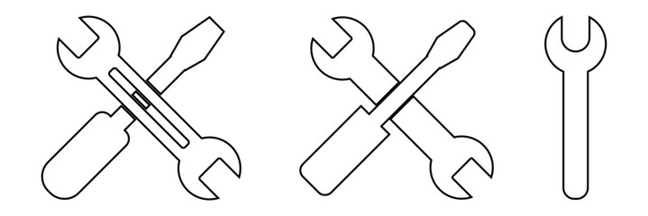 Wrench and screwdriver crossed icon in black and white outline design for tools and repair.