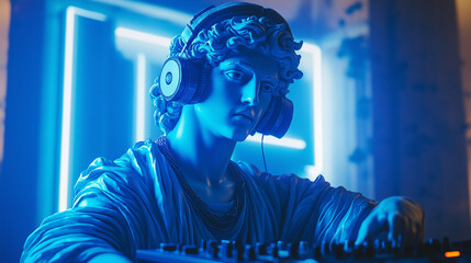 god statue djing in neon lights, perfect for modern club posters, music festival flyers, or creative projects mixing classical art with nightlife aesthetics
