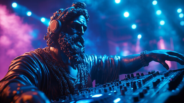 god statue djing in neon lights, perfect for modern club posters, music festival flyers, or creative projects mixing classical art with nightlife aesthetics