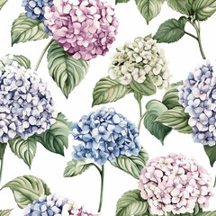 Bold graphic hydrangea flower and leaves in flat color style, Seamless Background