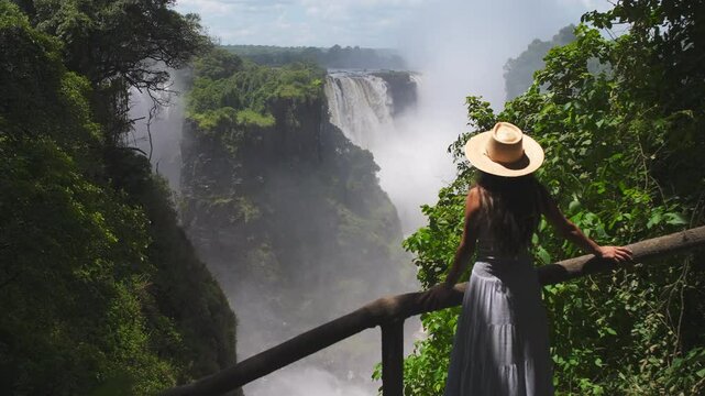 Young woman enjoys a breathtaking view of Victoria Falls in Zimbabwe, soaking in the natural beauty and peaceful atmosphere of the iconic waterfall.