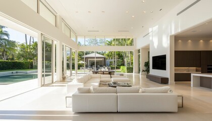 Modern open-plan living area with pool view (1)