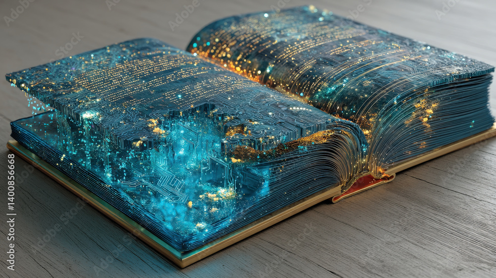 Aufkleber open book reveals glowing AI circuit, symbolizing fusion of technology and knowledge. intricate design and vibrant lights create futuristic and imaginative scene