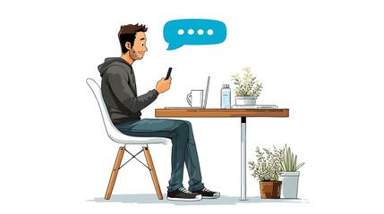 A person sits at a table using a phone.