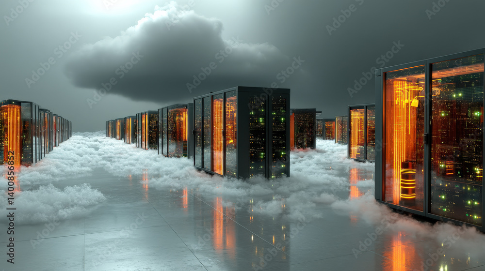 Poster futuristic 3D render of cloud based data center with virtualized servers glowing in misty environment. scene conveys sense of advanced technology and innovation