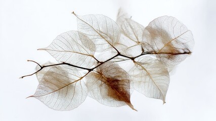 Delicate leaf skeletons on a branch against a pristine white background.
