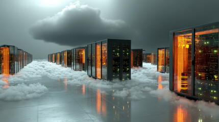futuristic 3D render of cloud based data center with virtualized servers glowing in misty environment. scene conveys sense of advanced technology and innovation