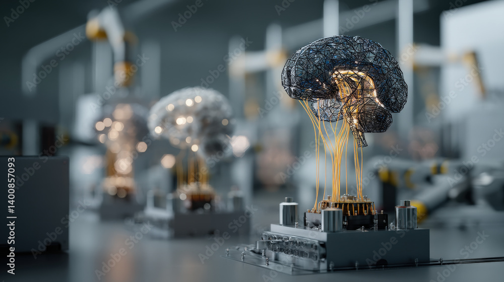 Poster 3D render of brain machine interface systems showcases cognitive technology in futuristic lab setting, with glowing neural connections and robotic arms in background