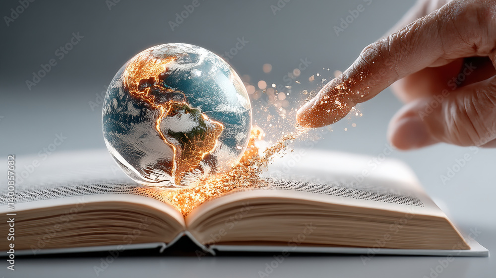Aufkleber hand gently touches glowing globe emerging from open book, symbolizing power of knowledge and global connection. scene is vibrant and imaginative