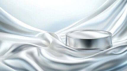 Silver cosmetic container presented on flowing soft white satin fabric