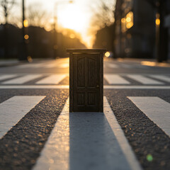 A Small Door Standing Upright on a City Crosswalk