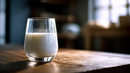 A glass of milk on a wooden table, simple, rustic, and healthy refreshment