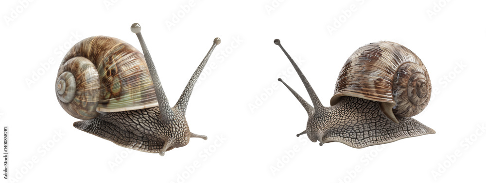 Aufkleber snails in a row show different shell patterns and textures captured from side view