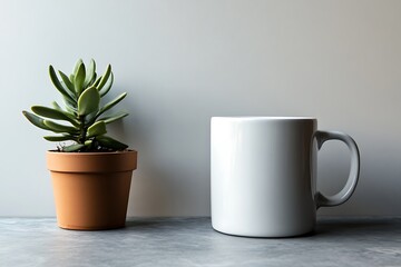 Obraz premium Still life of succulent plant in pot and white mug on gray background