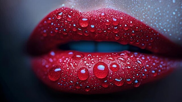 A striking close-up showcases bright red lips decorated with shimmering water droplets, reflecting a captivating glow in low light. The intriguing details create a mesmerizing visual effect.