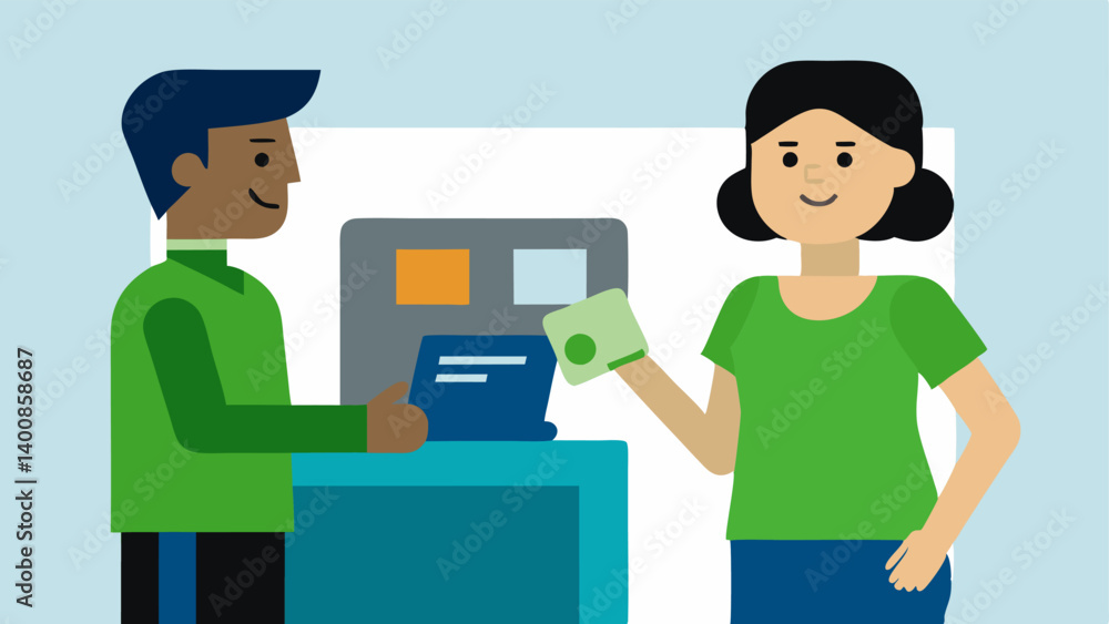 Poster customer support a friendly staff member assisting a user at the atm demonstrating how to complete a