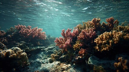 Obraz premium Underwater coral reef teeming with life, vibrant colors & sunlight filtering through.