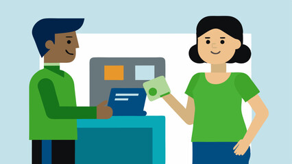 Obraz premium Customer Support A friendly staff member assisting a user at the ATM demonstrating how to complete a transaction or addressing questions.