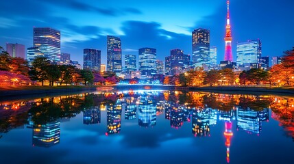 Fototapeta premium Golden hour in tokyo with tower and reflections high resolution picture