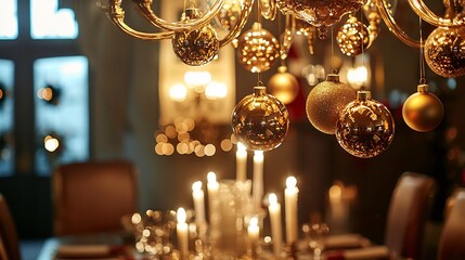 Opulent Christmas chandelier golden ornament hanging luxurious festive ambiance warm candlelit dining table elegant fine dining setting