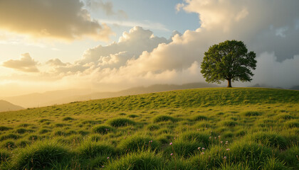 Obraz premium Lush green landscape at golden hour with a solitary tree 