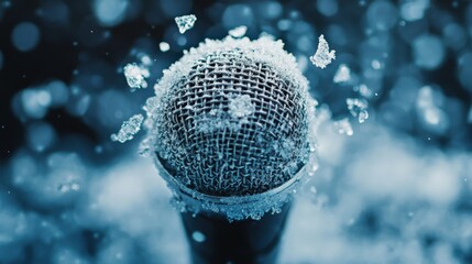 Frozen microphone is covered with ice crystals and snowflakes in winter