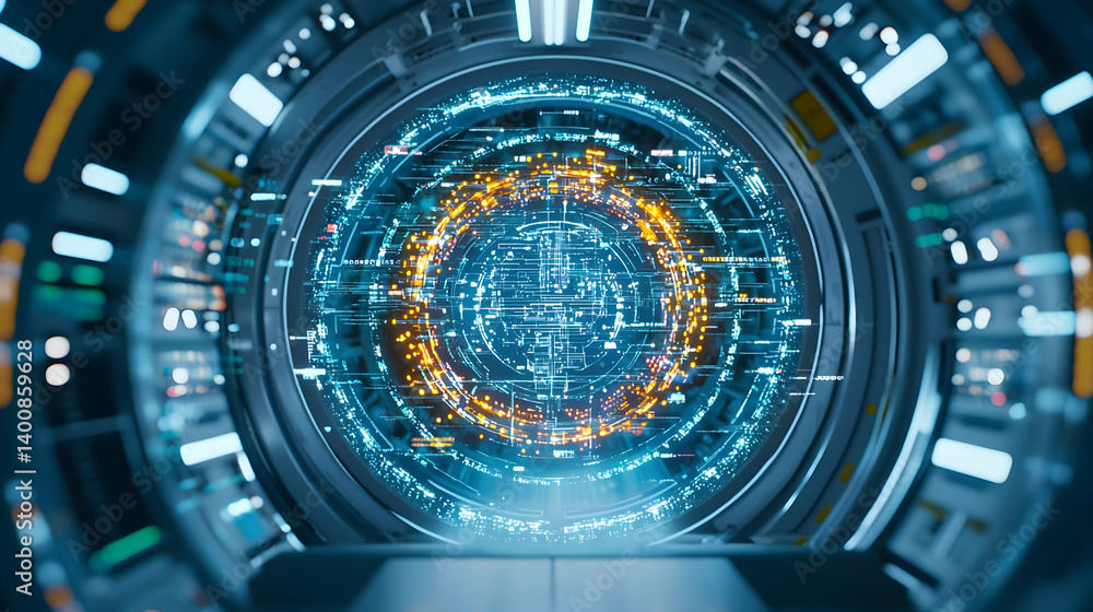 Poster futuristic tunnel with glowing data sphere