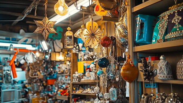 Colorful vintage market filled with eclectic decorations and ornaments under warm lighting