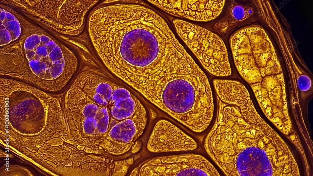 Poster microscopic view of cells displaying purple nuclei surrounded by yellow cytoplasm with detailed biol
