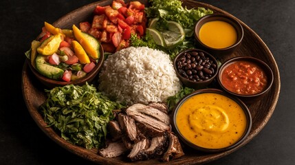 A vibrant platter featuring rice, grilled meat, various sauces, fresh vegetables, and salad