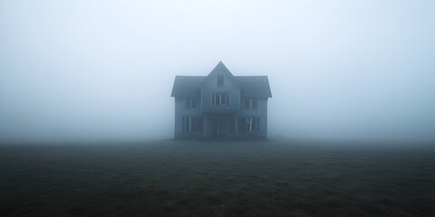 A long-abandoned mansion with shattered windows, standing eerily silent in a dense fog.

