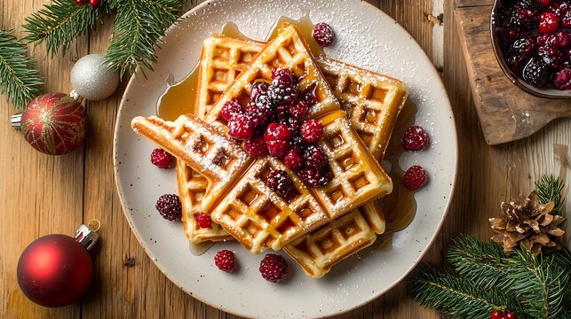 Overhead view of Christmas breakfast spread with golden waffles berry compote maple syrup drizzle rustic holiday farmhouse setting