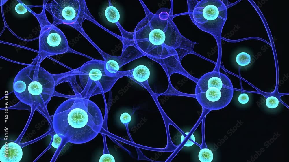 Poster neural network structure with glowing connections, cell bodies, and synapses for neuroscience and br