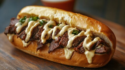 Three cheesesteak sandwiches with onions and cheese sauce, presented on a plate.
