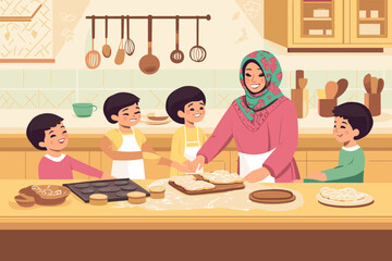 Muslim Mother Baking with Children – Family and Cooking Vector Scene