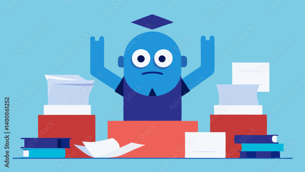 Poster overwhelmed desk scene a cartoonstyle character is sitting at a cluttered desk with stacks of papers