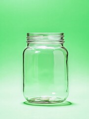 Empty Glass Jar on Green Background - A clear, empty glass jar sits on a light green background. Simple and clean