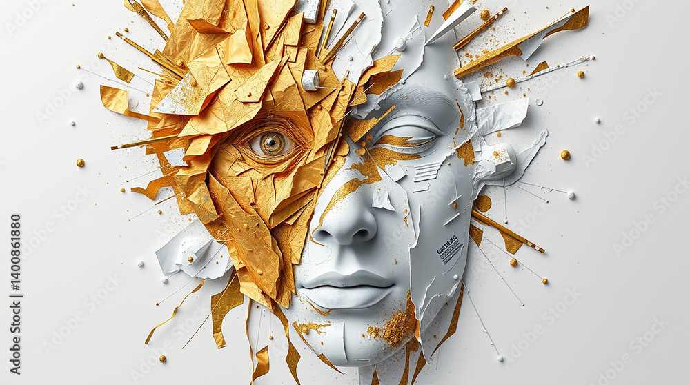 Aufkleber abstract face in white and gold. torn pieces reveal one eye. surreal portrait on light background. f