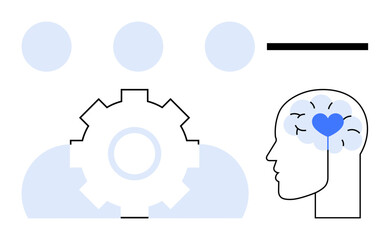 Human brain with heart symbol highlights emotional intelligence, collaboration, and empathy, next to a gear symbolizing teamwork, productivity, and innovation. Ideal for business, psychology