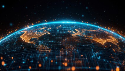 Digital earth globe with glowing lights showing continents and network connections.