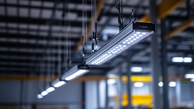 Industrial led lighting fixtures hang in a large warehouse or factory setting.