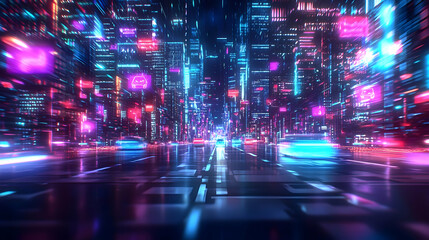 Obraz premium Futuristic Neon Cityscape With Glowing Buildings And Cars