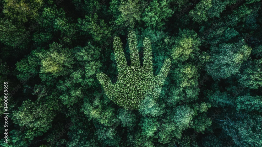 Poster creative handprint formed by forest trails and tree lines depicting human connection to nature in a 