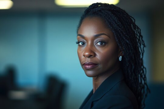 wide angle portrait of a Middle aged african american businesswoman looking at camera in office
